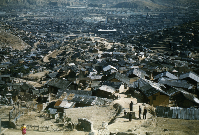 1950년 부산 동구 성북고개에서 바라본 피란민 판잣집 모습입니다. 판잣집들이 억수로 빽빽하게 들어섰지예. 우측 상단에 공장처럼 보이는 건물이 조선방직입니다. 부경근대사료연구소 제공