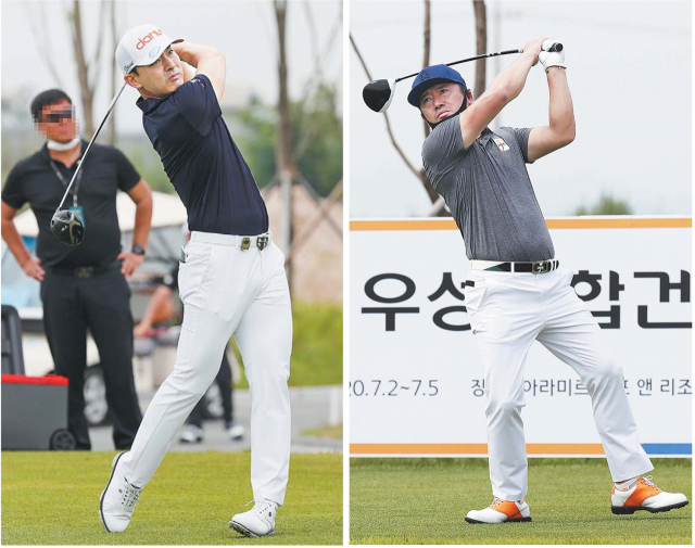 홍순상(왼쪽 사진)이 2일 창원에서 열린 우성종합건설 아라미르CC 부산경남오픈 1라운드에서 10언더파 62타로 코스 레코드를 경신했다. ‘낚시꾼 스윙’의 최호성은 선두에 1타 뒤진 2위로 1라운드를 마쳤다. 연합뉴스