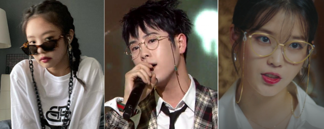 제니, 피오, 아이유가 안경줄을 착용한 모습. 각 인스타그램 캡처