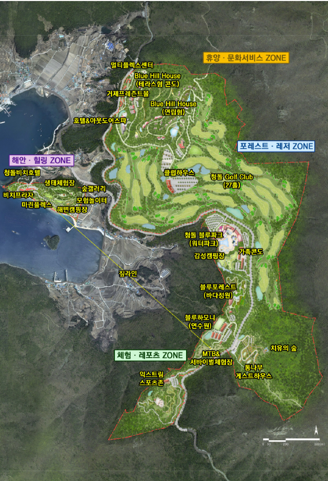 거제남부관광단지 조성 계획도. 육상 개발 면적만 축구장 450개를 합친 크기로 경남에선 가장 큰 규모다. 27홀 골프장을 포함해 휴양·힐링·레저 복합단지를 목표로 하고 있다. 부산일보 DB