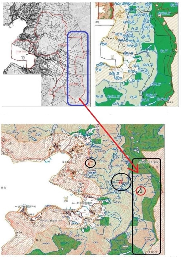 경남도가 지난해 고시한 거제남부관광단9지 도면(왼쪽 위, 붉은색 선이 경계선)과 국립생태원이 지난해 12월 공고한 ‘2019년 생태·자연도 개정고시(안)’(오른쪽 위). 밑에는 지난 17일 환경부가 최종 고시한 생태·자연도 도면. 개발 대상지 내에 있던 1등급지 3곳(A, B, C)이 모두 2등급지로 조정됐다. 특히 식물 A 구역은 식물군락이 관광단지 경계면을따라 형성된 것으로 표시돼 있다. 환경연합은 이를 두고 '조작 의혹'을 제기하고 있다. 통영거제환경운동연합 제공