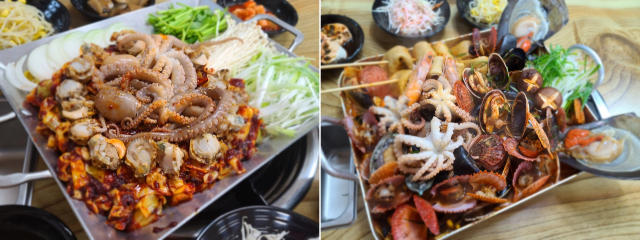 고성군이 특화 먹거리 공동연구를 통해 개발한 산낙지가리비철판볶음(왼쪽)과 산낙지가리비해물전골. 고성군 제공