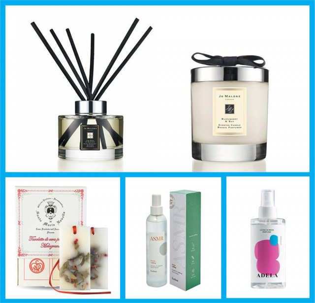 조 말론 런던의 디퓨저(왼쪽 위부터 시계 방향)와 캔들 제품. 루피움의 리빙 앤 드레스 퍼퓸 아델라, 아모레퍼시픽 프라도어의 아로마틱 앤 새니타이징 미스트 포 룸, 산타 마리아 노벨라의 멜로그라노 왁스 타블렛. 각 사 제공