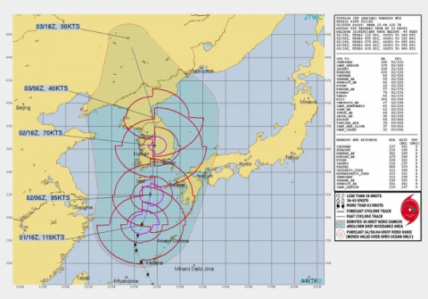 미국태풍경보센터(JTWC)의 제9호 태풍 '마이삭' 예상 이동경로. JTWC 홈페이지