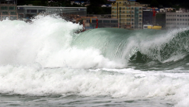 온실 가스 중 하나인 이산화탄소가 ‘슈퍼 태풍’을 일으킨다는 연구 결과가 도출됐다. 올 9월 제9호 태풍 ‘마이삭’이 북상하면서 부산 해운대 앞바다에 거센 파도가 해안으로 몰아치고 있다. 정종회 기자 jjh@