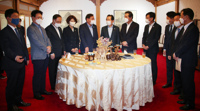 정세균 국무총리, 더불어민주당 이낙연 대표, 김태년 원내대표, 김상조 청와대 정책실장, 홍남기 경제부총리 등이 6일 서울 삼청동 총리공관에서 열린 고위 당정협의회에서 대화하고 있다. 왼쪽부터 민주당 김영배 의원, 박광온 사무총장, 홍남기, 민주당 한정애 정책위의장, 김태년, 정세균, 이낙연, 김상조, 민주당 오영훈 당대표 비서실장, 최인호 당대변인, 유동수 정책위수석부의장. 연합뉴스