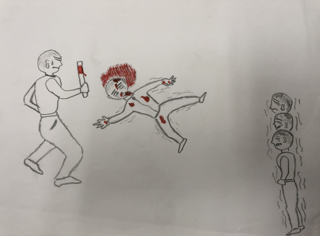 방망이에 머리를 맞고 쓰러진 한 친구. 한종선 그림