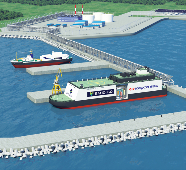 BANDI-60이 부유식으로 탑재되어 전기공급 장소에 정착, 발전하는 모습을 나타내고 있다. 한전기술 제공