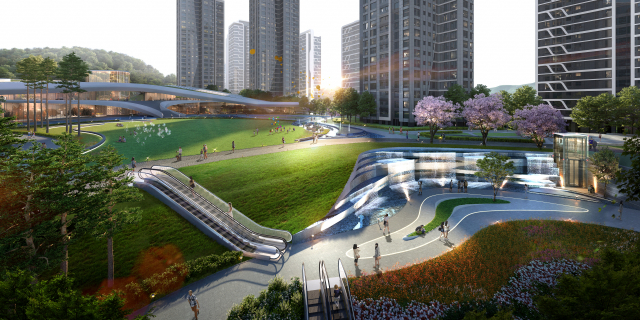 올 하반기 부산권 최대 도시정비 사업인 대연8구역 재개발사업의 시공권을 놓고 1군 건설사들의 수주전이 불붙었다. HDC현대산업개발-롯데건설 사업단이 미국 디자인그룹 SMDP와 손잡고 설계한 대연8구역 랜드마크 타워, 스카이라운지, 단지 내 소공원 구성도(사진 위부터). HDC현대산업개발-롯데건설 제공