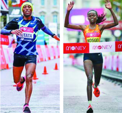 런던마라톤에서 우승한 에티오피아의 슈라 키타타(왼쪽)와 케냐의 브리지드 코스게이. 로이터연합뉴스