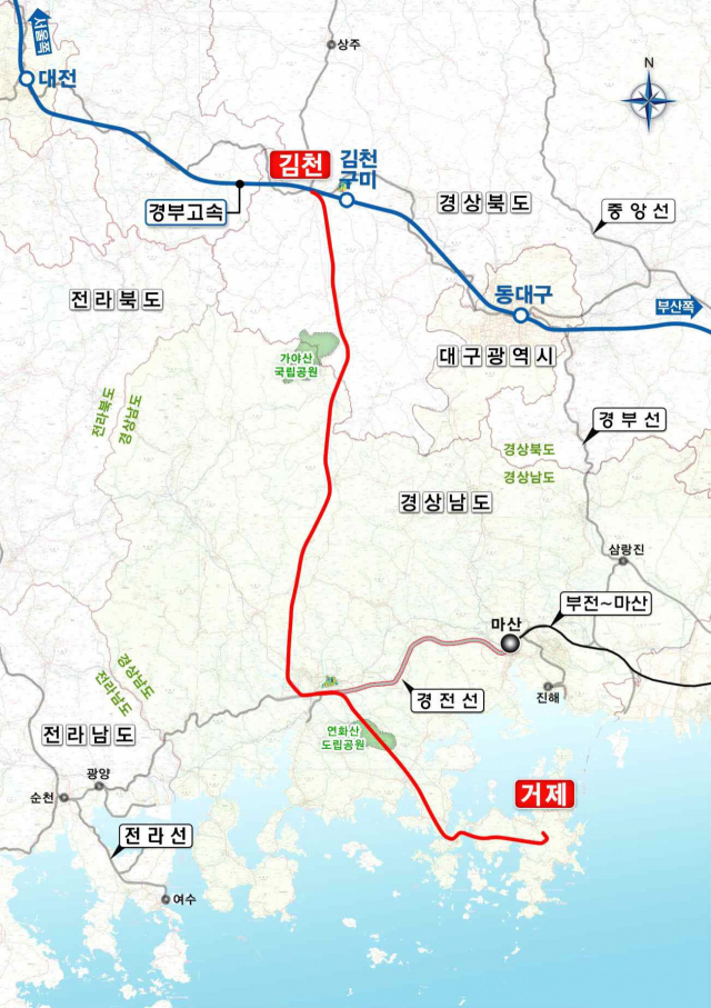 경북 김천과 경남 거제를 이을 남부내륙철도 노선도. 부산일보DB