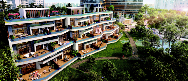 부산국제금융센터 주변의 스카이라인을 바꿀 문현1구역재개발사업의 시공사로 GS건설이 선정됐다. GS건설이 제안한 문현1구역 ‘IFC Xi the SKY’의 조감도와 단지 내부 구성도. GS건설 제공