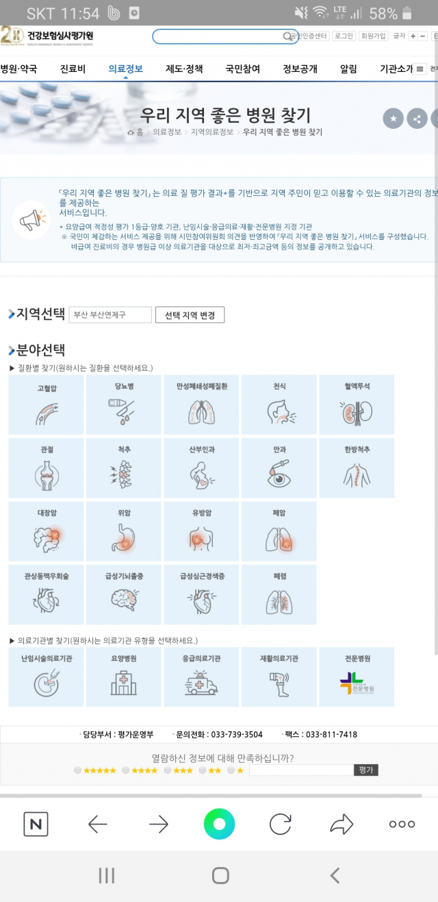 건강보험심사평가원 홈페이지의 ‘우리 지역 좋은 병원 찾기’ 사이트.
