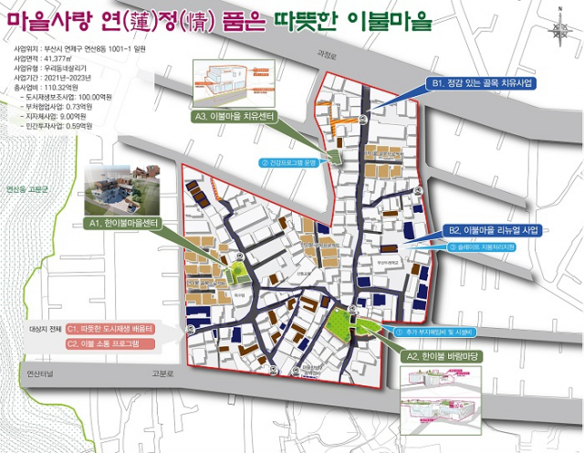 올해 2차 도시재생 뉴딜사업으로 뽑힌 연제구 연산8동 일원의 사업 추진도. 국토부 제공