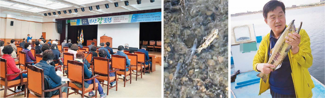 12일 부산시 상수도사업본부 대회의실에서 낙동강 생태환경 회복 방안을 논의하기 위한 ‘제17회 2020부산강포럼’이 열렸다. 오른쪽은 최근 경남 밀양시 예림교 일대 밀양강을 거슬러 오르는 연어와 낙동강 하구에서 잡은 연어. 한국강살리기네트워크·한국어촌사랑협회 제공