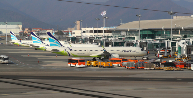 가덕신공항 시대를 대비해 ‘부산 항공사’를 확보하기 위한 움직임이 빨라지고 있다. 부산 강서구 김해국제공항 계류장에 에어부산 항공기들이 줄지어 서 있다. 정종회 기자 jjh@