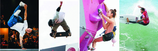 국제올림픽위원회가 브레이크댄스, 스케이트보드, 스포츠 클라이밍, 서핑을 2024년 파리올림픽 정식 종목에 포함시켰다. 왼쪽부터 브레이크댄스, 스케이트보드, 스포츠 클라이밍, 서핑 경기 장면. 부산일보DB