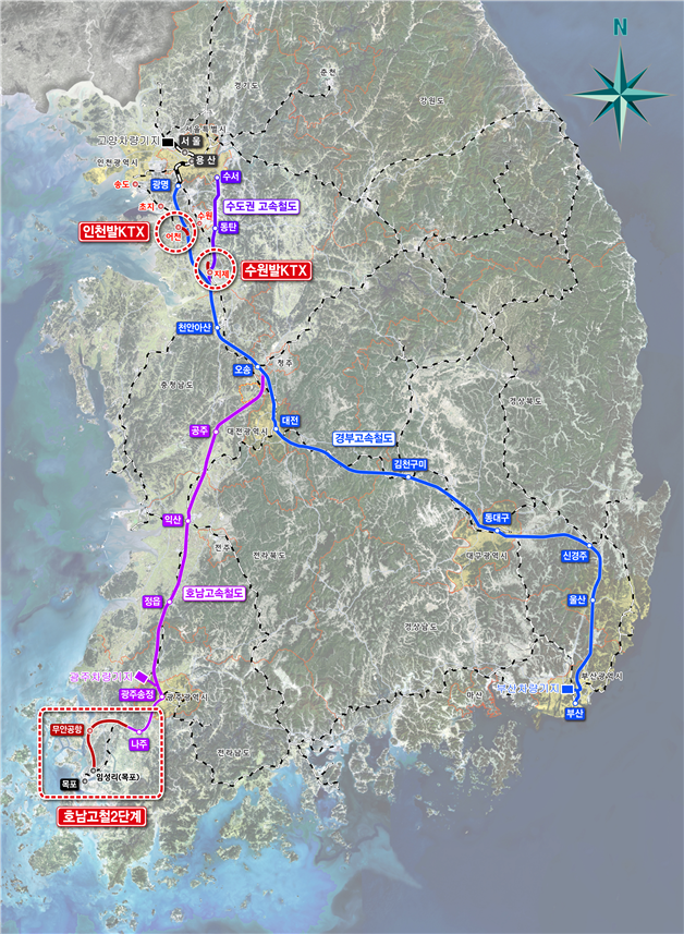 호남고속철도 및 인천발/수원발 KTX 노선도. 국토부 제공