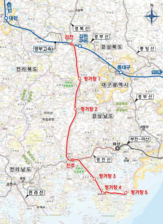 남부내륙철도 노선도. 총연장 187.3km에 가야산 국립공원을 우회해 환경 훼손을 최소화 하는 안이 낙점됐다. 대략 사업비는 5조 6064억 원으로 추산했다. 부산일보 DB
