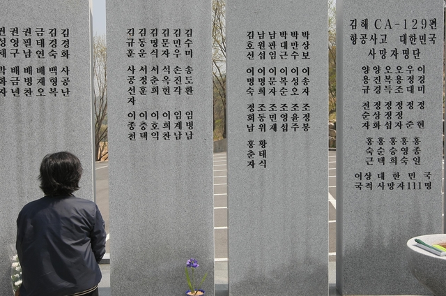 김해공항 돗대산 항공기 추락사고 6주기 추모제가 2008년 4월15일 오전 경남 김해시 상동면 묵방리 경남영묘원내 추모공원에서 열려 한 유족이 사망자 명단이 새겨진 비석을 바라보고 있다. 부산일보 DB