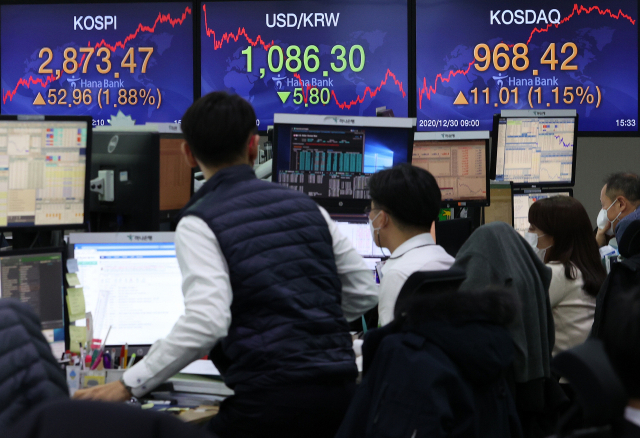 증시 폐장일인 지난달 30일 코스피가 최고치를 경신한 가운데 서울 중구 하나은행 본점 딜링룸에서 직원들이 업무를 보고 있다. 연합뉴스