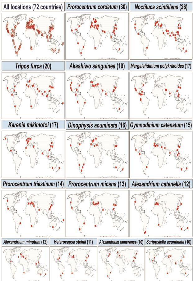 글로벌 적조 유발 와편모류(15종) 분포도. 해수부 제공