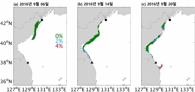 한국해양과학기술원(KIOST) 연구진이 추적한 해양부유물의 이동경로. 0%는 페트병에 물을 완전히 꽉 채운 상태, 2%는 절반만 채운 상태, 4%는 빈 페트병 상태의 부유물을 의미한다. 가벼운 부유물이 더 멀리까지 이동함을 확인할 수 있다. KIOST 제공