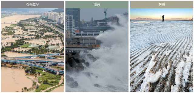 지난해 온난화에 따른 이상 기후가 이어지면서 기후 위기의 징조가 뚜렷해지고 있다. 왼쪽부터 지난해 8월 집중호우로 침수된 화명생태공원, 9월 태풍 마이삭의 영향으로 거센 파도가 몰아치는 부산 남항 방파제, 올해 1월 한파로 얼어붙은 다대포해수욕장에 밀려온 파도. 부산일보DB