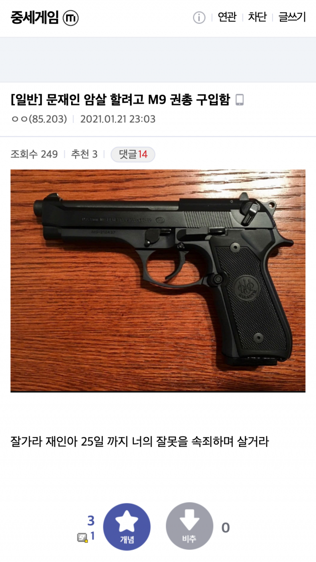 인터넷에 올라온 '대통령 암살하려 권총 샀다' 글. 디시인사이드 중세게임 마이너갤러리 캡처