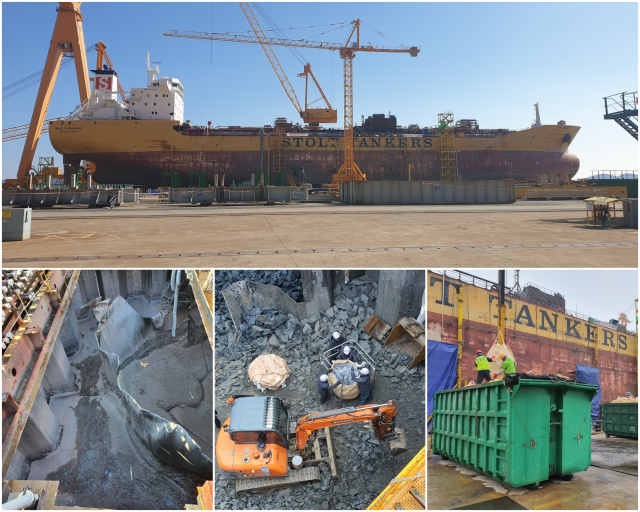 지난해 9월, 통영 HSG성동조선에 입항한 스톨트 그로인란드호 선체 내부에서 폐기물 제거 작업이 한창이다. 김민진 기자