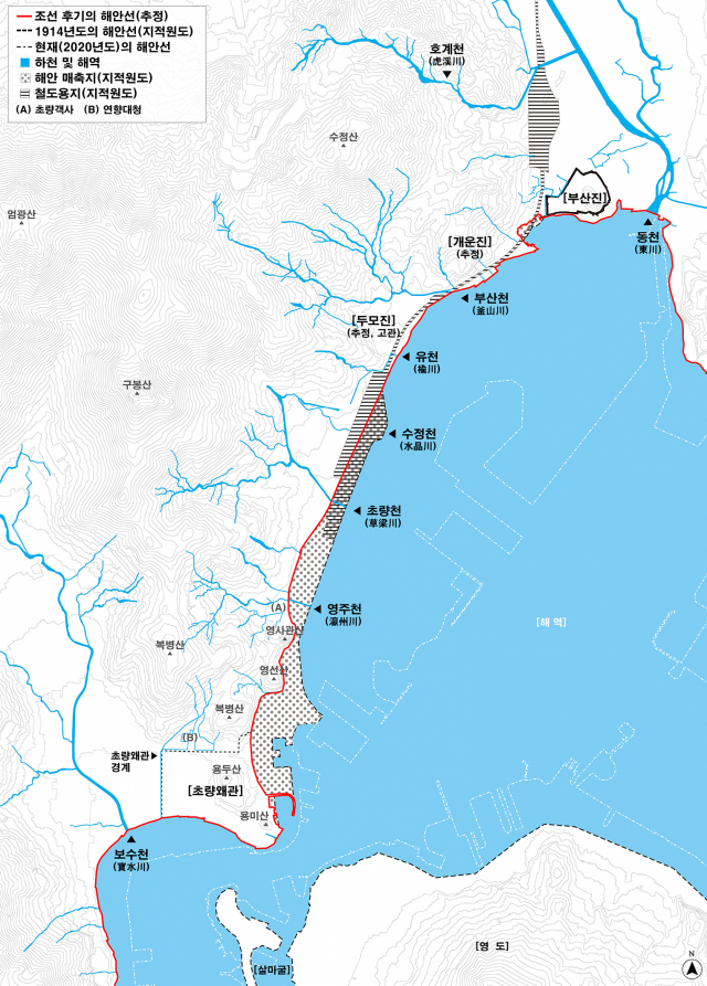 1914년 작성된 지적원도를 토대로 조선후기 부산의 해안과 하안의 수변공간을 추정한 그림. 조선후기의 해안선, 일제강점기(1914년)의 해안선, 현재의 해안선을 비교해 살펴볼 수 있다. 남윤순 제공
