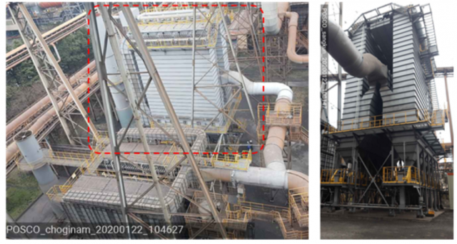 포스코 광양제철소에 설치된 20만㎥/hr 실규모 복합재생 롱 백 필터(Long Bag Filter) 집진장치 (붉은색 점선 내부의 설비). 에너지연 제공