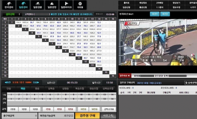 일본 경마 경주화면. 일본 경마를 중계하거나 베팅하는 것은 불법으로 형사처벌될 수 있다. 한국마사회 제공