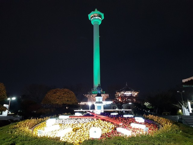 2019년 3월 부산 중구 용두산공원에 있는 부산타워가 성 패트릭 데이를 맞아 녹색 야경을 선보이고 있다. 연합뉴스