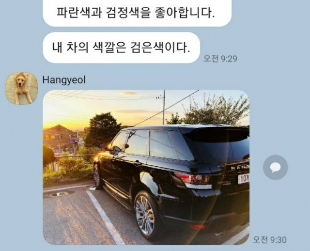 ‘로맨스 스캠’ 피해를 당한 A 씨가 ‘Hangyeol(한결)’이라는 이름을 사칭한 일당에게 받은 SNS 메시지. 자신의 고급 차량을 보여주며 재력을 과시하기 위해 차량 사진을 찍어 보낸 것으로 추정된다. A 씨 제공