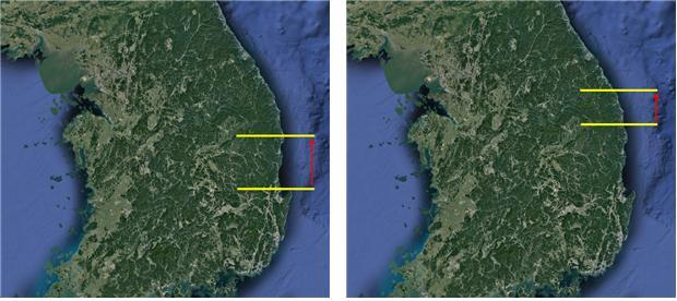 달랑게 서식 지역 변화(왼쪽) 및 기수갈고둥 서식 지역 변화(오른쪽). 달랑게는 80km 북상(포항 북구→경북 울진)했고, 기수갈고둥은 20km 북상(경북 울진→강원 삼척)한 것으로 확인됐다. 해수부 제공
