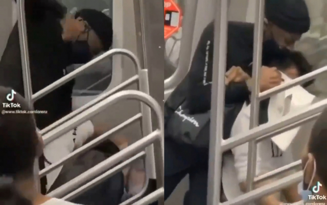 흑인 남성(왼쪽)이 아시아계 남성(오른쪽)을 폭행한 뒤 목을 조르고 있다. 틱톡 영상 캡처