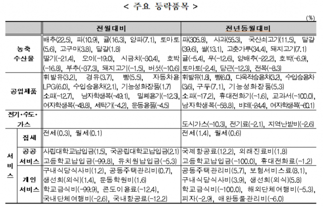 3월 소비자물가 주요 등락 품목. 자료: 통계청