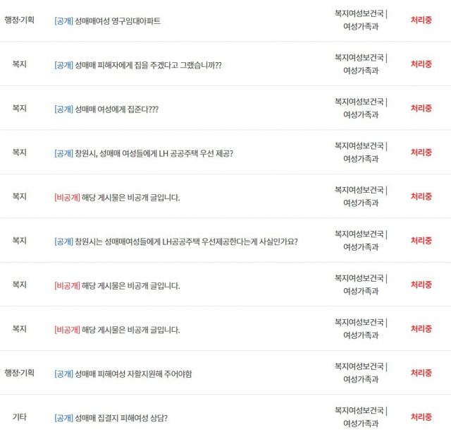 창원시 홈페이지 '시민의 소리' 코너 캡처