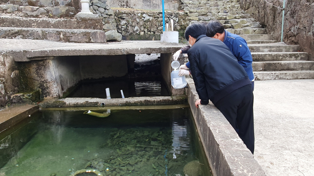 부산 수영구 망미동 금련산 A광산 입구. 현재는 인근 사찰의 ‘동굴법당’으로 사용되고 있어 이용객들이 중금속 등 오염물질에 그대로 노출될 위험이 크다. 오른쪽은 광산 입구 앞 갱내수를 채취하는 모습.
