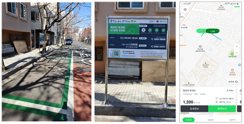 △연산2동 중앙천 복개로 IoT 공유 주차장과 공유주차 스마트폰 앱 화면. 연제구청 제공.