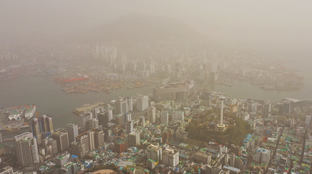 올해 3월 29일 황사 경보가 발효된 부산 시내가 황사로 뒤덮인 모습. 부산일보DB