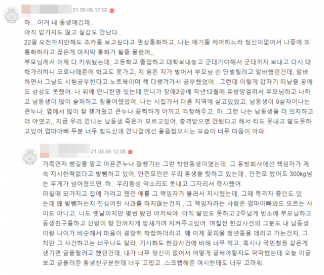 온라인 커뮤니티에 올라온 고(故) 이선호 씨 누나의 댓글.