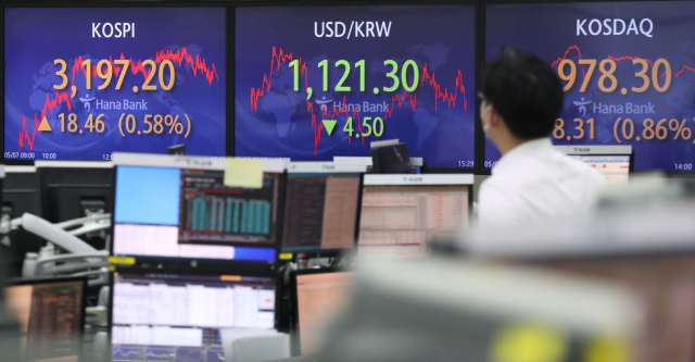 글로벌 경기 회복에 대한 기대감에 철강·조선 등 경기민감주들이 힘을 얻고 있다. 이와 함께 경기민감주 중심의 산업 구조를 가진 부울경 지역 상장사들의 4월 시총 증가율은 전체 주식시장 시총 증가율의 3배에 달했다. 7일 서울 명동 하나은행 본점 딜링룸 모습. 연합뉴스