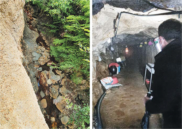 부산 기장군 철마면 임기납석광산 옆 붉은빛이 도는 계곡수(오른쪽)와 폐광 후 동굴법당으로 사용되는 경창광산 갱구.
