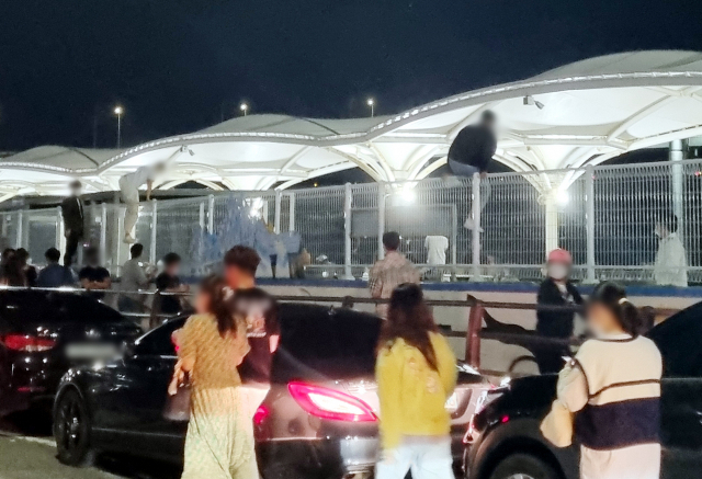 정원 제한으로 출입이 막히자 일부 방문객이 민락수변공원 울타리를 넘어 들어가고 있다. 부산일보 DB.