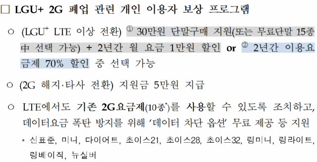 LG유플러스의 2G 서비스가 6월 말 공식 종료된다. LG유플러스는 2G 가입자 14만 명에 대해 자사 LTE·5G 서비스로 갈아탈 경우 단말 구매비용 지원이나 요금할인 등의 혜택을 제공한다. 자료:과학기술정보통신부 제공
