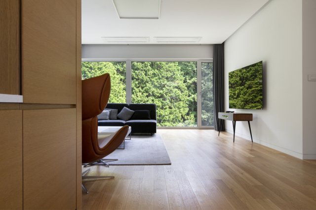 통창을 통해 편백 숲을 볼 수 있는 여름집 거실. 조명환 사진작가 제공