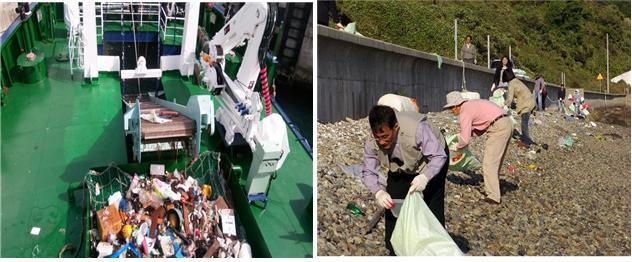 부유 쓰레기 수거작업(왼쪽) 및 해안가 쓰레기 수거작업 장면. 해수부 제공