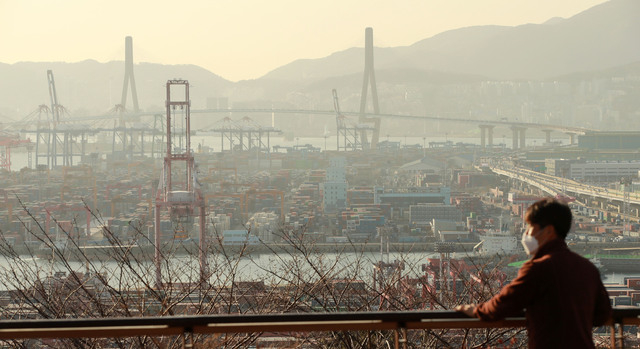부산의 미세먼지 농도가 ‘나쁨’ 수준을 보인 올 1월 부산항 신선대부두와 감만부두 일대가 희뿌옇게 보이고 있다. 부산일보DB